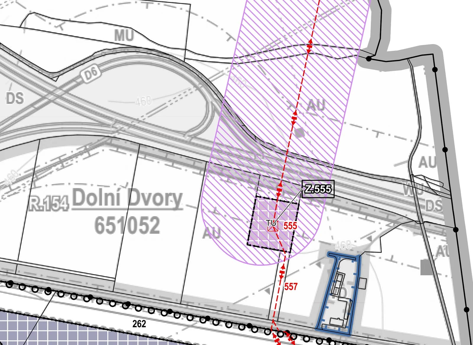 Výřez koordinačního výkresu s rezervou R154, plochou Z.555 a koridory infrastruktury